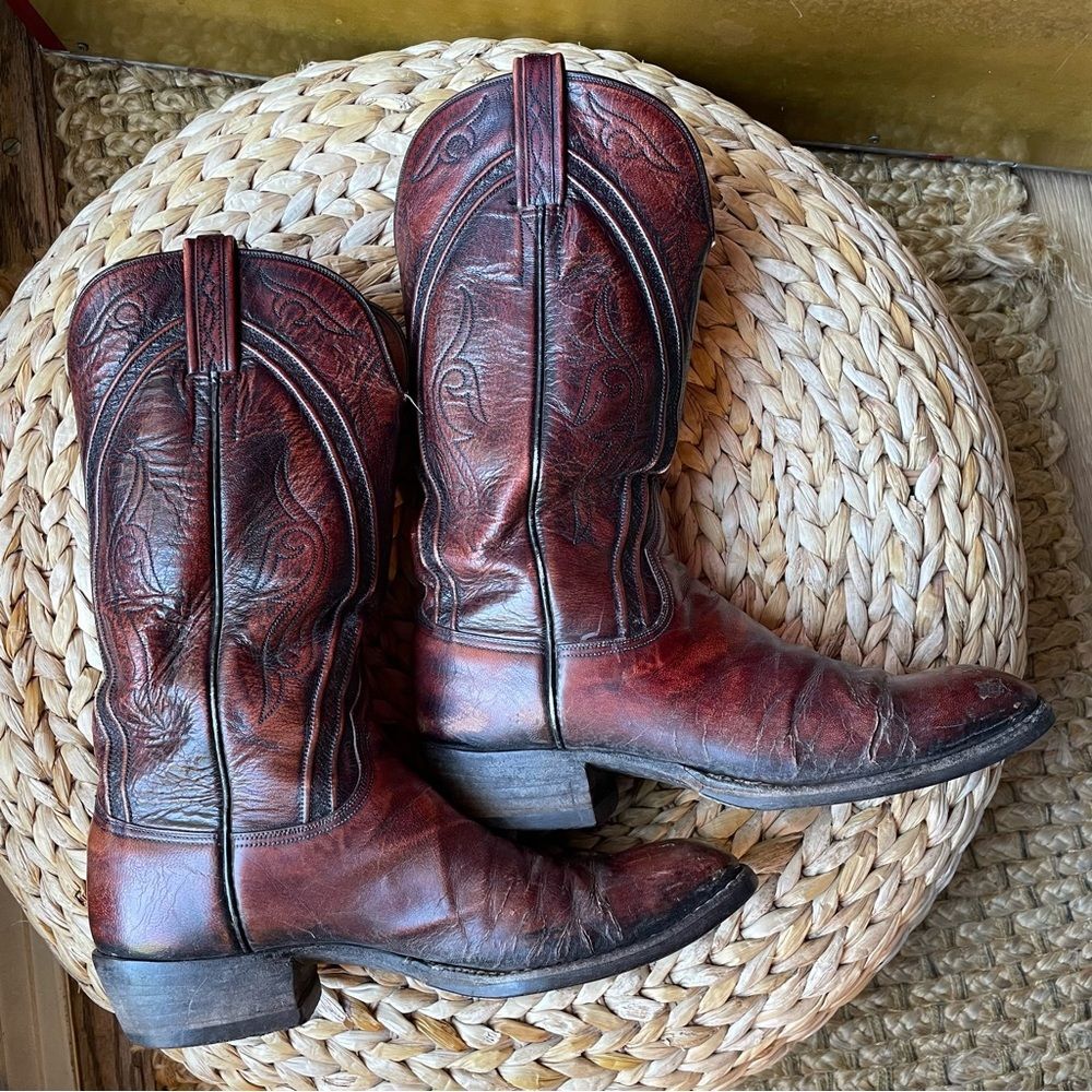 Vintage Lucchese Cherry Ostrich Quill Cowboy Western Men's Boots 8.5D